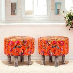 Ikiriya Collio Acacia Wood Mid Century Round Set of 2 Pouf Stools/Pouffee/Stool/Ottoman in Bird Print Orange Kantha Upholstery for Living Room | Drawing Room | Bedroom | Balcony | Dining Room-30
