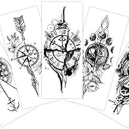 5pcs Waterproof Temporary Tattoo Stickers for Men & Women Compass, Clock, Navigation Designs | Long-Lasting Fake Tattoos for Mens and womens Size - 10.5x6cm-13