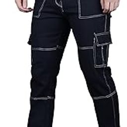 Men's Regular Fit Cargo Jeans, Black with White Contrast Stitching, Multiple Pockets-image-19