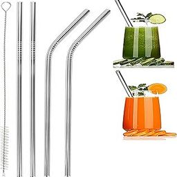 AFREET Pack of 4 Stainless Steel Straws with Cleaning Brush, Reusable Metal Straws for Kids & Adults (2 Straight & 2 Bent, Silver)-image-97