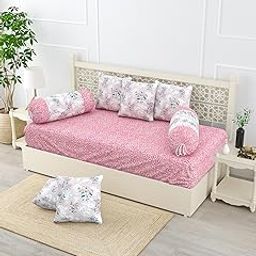 Salona Bichona Pure & Soft Cotton Pink Floral Printed Diwan Cover Set - Set of 8-image-0