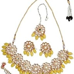 Alloy Gold Plated Bead Necklace Pearl Moti Mala Set - Jewellery Set with Earrings & Maang Tikka for Women & Girls - Best Suitable for Party, Wedding and Festive Occasions (Pack of 1)-image-85