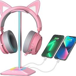 RGB Headphone Stand with 1 USB-C Charging Port and 1 USB Charging Port, Desk Gaming Headset Stand with 7 Light Modes and Non-Slip Rubber Base Suitable for All Earphone Accessories (Pink)-18