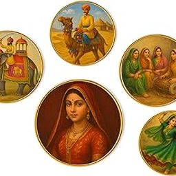 Regalo Casila Golden Border Frame 5 Pcs Set Wall Hangings Handcrafted MDF Round Plates Rajasthani Folk Royal Portrait Elephant Camel Dance Design for Living Room Bedroom Hall Office Home Decor-image-84