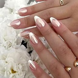 Kriga 24 Reusable Artificial Fake Nail Set| Peach White Tip Medium Almond Shape Glossy Nails| Lightweight & Long Lasting| Quick Fix For Festivals & Special Occasions-7