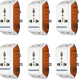 TECHSON: 6A 3 Pin Multi Plug Socket Travel Adapter with Universal Socket, 3 Pin Multi Plug Extension Socket -Pack of-6 (White & Red)-51