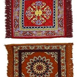 Pack of 2| Pooja mat |puja| Sitting Asan| kusha|Velvet Prayer | Pooja aasan for Meditation & Sitting | Soft Floor Rug for Temple & Home | Traditional Square mat (2ft x 2ft) Golden|red-image-85