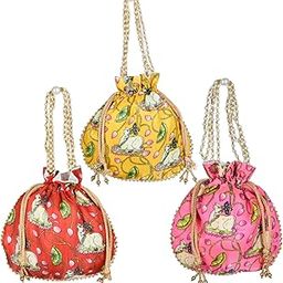 Potli|Silk Wedding Potli|Wallet Potli|Christmas Gift Potli|Baby Shower Potli|Traditional Shagun Potli|Drawstring with Beads Handle Potli|Cow-Design Patli Potli|Pack of 3|Multi-51
