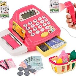 Zest 4 Toyz Mini Cash Register with Lights & Sounds for Pretend Play Electronic Toy Set with Scanner Shopping Basket Grocery Best Gift for 3+ up Ages Kids Boys & Girls Pink-66