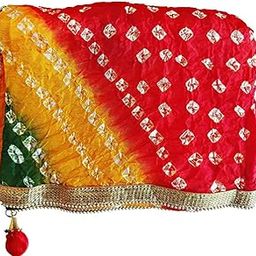 Women Silk Bandhej Multi Colored Heavy Dupatta Chunni with Geecha Border Stole Scarves Multi-16