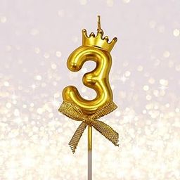 FI - FLICK IN 1 Pc 3 Number Unscented Candle for Birthday Cake Number Three Candle With Crown Cake Topper 3Rd Birthday Cake Decoration 0-9 Number Candles(Pack Of 1,Metallic Gold)-76