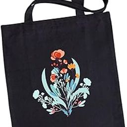 Floral Print Canvas Tote Bag with Zipper, Black, Double Handle-image-47