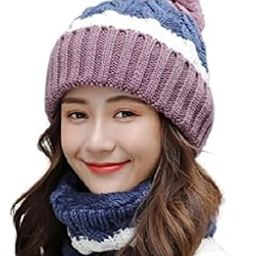 Twist Color Matching Winter Soft Warm 1 Set Snow Proof Knitted Ball Cap (Inside Fur) Woolen Beanie Cap with Scarf Muffler for Women Girl (Purple)-17