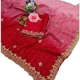 For Women Chiffon Embroidered Cut Work Saree with Art Silk Satin Blouse Piece | Trending Pattern & Padding Detail Color Red-38