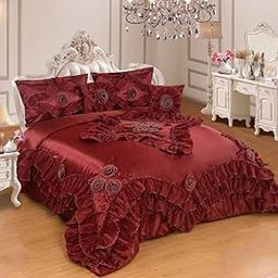 it&C's World Class Super Soft Silk with Handmade Flower Embroidery Wedding Style 5 Pcs Super King Size Double Bed Quilted Luxury Bridal Comforter Set (RED)-image-41