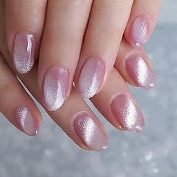 Sparkling Nailon Peach pink cat eye Stick On Nail extensions for women I press on nails cat eye l Easy To Use Press on Nails with Kit Pack of 16 (Round Shape)-image-83