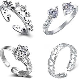 Silver Cubic Zirconia Rhodium Plating Como Of 4 Brass Rings for Women(Silver)-13