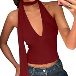 Solid Halter Neck Sleeveless Crop Top with Scarf for Women v Neck Tops for Woman-image-53