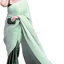 Women's Pleated/Crushed Plain Chinon Saree With Unstitched Blouse Piece-picture-29