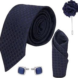 Self Small Dot design micro print fine Necktie Gift Set With Pocket Square, 2 pcs Cufflinks & Lapel Pin Formal Tie With (Leatherite Gift Box) (Pack of 4 pcs)- Dark Blue(Cir/Rec)-24