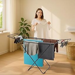 Kuber Industries Premium Metal Clothes Drying Stand for Dryer Cloth | Double Drying Racks for Clothes Balcony, Living Room & Bedroom | Foldable Cloth Stand with 16 Hanger Rods | Black-image-94