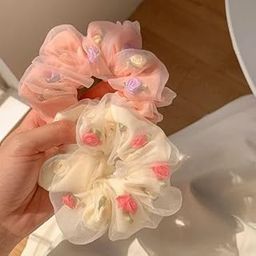 Floral Organza Hair Scrunchies, Rose Pattern, Pink and White, Pack of 2-36