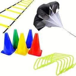 SR SPORTS Speed and Agility Training Set – 6 Marker Cones (6 Inch), 6 Hurdles (6 Inch), 4-Meter Agility Ladder & Sprint Resistance Parachute – Sports Training Gear for Athletes and Fitness Drills-1