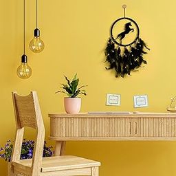ILU® Dream Catcher Unicorn, Wall Hangings, Nursery, Crafts, Home Décor, Office, Handmade for Bedroom, Balcony, Garden, Party, Café, Decoration, Wedding, Decorative, Black Feathers (17 cm Diameter)-picture-18