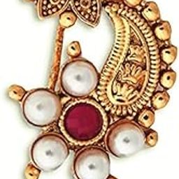 Maharashtrian Style fashionable Gold Plated Moti Nosepin, Nath, Without Piercing Marathi Nose Pin For Women-39