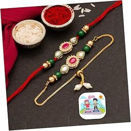 CraftVatika Rakhi Magnet Gift for Brother and Bhabhi Lumba Floral Rakhi Kundan Bracelet Rakhi for Bhaiya Bhabhi Raksha bandhan Couple Pearl Rakhi Set of 2 Rakhi with Fridge Magnet Gift-15