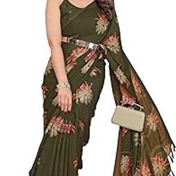 Floral Foil Printed Bright Moss Silk Sarees For Women With Tessel Latakan & Blouse Piece-image-1