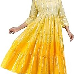 Women's Cotton Lurex Ombre Dyed Round Neck Hand Work On Neck Fit and Flared Anarkali Dress-8