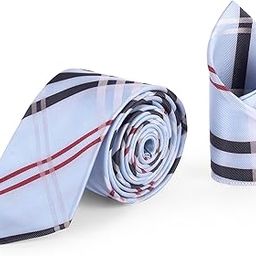 Mens Plaid Micro Self Silk Woven Microfiber Elegant Classy Colored Formal Necktie for Men with Pocket Square(Tie_WideChekered-LightGrey)-picture-36