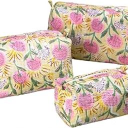Artmansha Floral Block Printed Quilted Pouch|Set of 3| Toiletry Bag for Women| Artisanal| Pouch for Travelling| Medium| Makeup Bag| Cosmetic Pouch| Organizer Bag-image-8