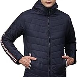 Men Polyester Navy Blue Solid Windcheater Standard Length Padded Jacket With Side Stripes-picture-12