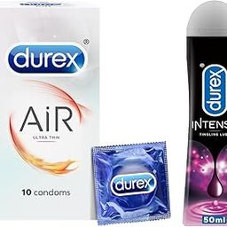 Durex Lube Intense Lubricant Gel For Men & Women - 50ml | Water Based Lube & Durex Air Condoms for Men - 10 Count | Suitable for use with lubes & toys COMBO-16