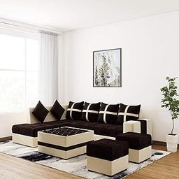 Left Facing Upholstered L Shape 8 Seater Sofa Set | Sectional Upholstery Fabric Sofa Set with Centre Table, 2 Puffy Ottomans and 6 Small Pillow for Living Room & Drawing Room | Cream & Brown-12