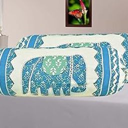 AMLEXTTRIZ Cream Animal Print Bolster Cover 100% Pure Cotton Set of 2 | Round Decorative Pillow Cover for Diwan | Bed Side Long Pillow Case | | Masand Pillowcases (16x32 Inch) (SkyBlue)-29