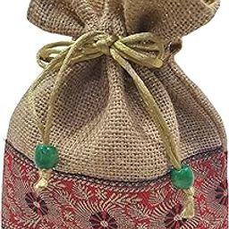 Natural Jute Potli Bags with Lining for Return Gifts (5 Pieces of 9x7 Inches Each) (Red Green Brocade Border)-image-7