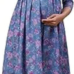 crafiqa Pre & Post Maternity/Nursing Wear Hand Printed Kurta Cum Midi Dress/Nighty with Both Sides Zipper for Easy Feeding for to Be Moms & Nursing Mothers � Pure Cotton Blue Pink-picture-18