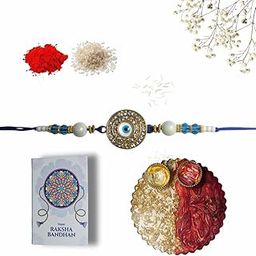 Premium Evil Eye Rakhi for Brother with Designer Resin Pooja Thali,Roli Chawal,Greeting Card|Blue Beads & Pearl Rakhi Gift Set for Raksha Bandhan|Stylish Nazar Battu Rakhi Gift Set-image-73