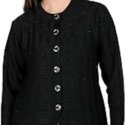 Women's Woolen Round Neck Sweater Heavy Front Long Kadai Cardigan Winter Wear Pure Wool for Women Free Size Cotty Warm With Side Pockets (L, Black)-28