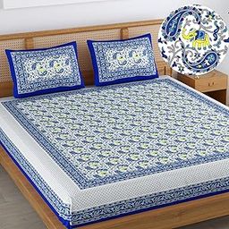 120 TC Cotton Blend Elephant Printed Jaipuri Bedsheet for Double Bed King Size with 2 Pillow Covers, Indigo Blue-picture-1