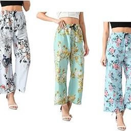 IndiWeaves Digital Printed Crepe Palazzos Pants for Women (Pack of 3) White::Green::Blue-image-3