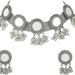 Latest Stylish Fancy Oxidised Silver Tribal Choker Necklace Jewellery Set for Women (12162s)-image-21