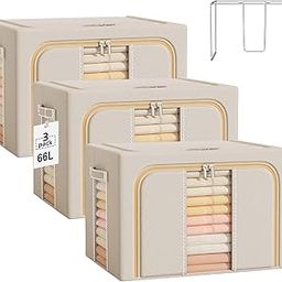 U-HOOME 66L Large Clothes Storage Bins with Metal Frame,Foldable Closet Organizers and Storage,Clothes Storage Box Containers with Durable Handles for Blanket,Bedding,Clothes,Comforter (Beige-66L)-image-9