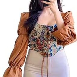 Women Retro Style Floral Jacquard Square Neck Smock Long Puff Sleeve Ruffled Crop Blouse Corset Top Dn2410-image-31
