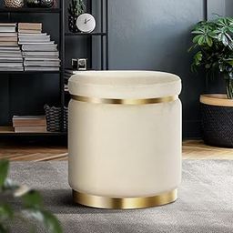 ETIQUETTE ART Velvet Round Dual Strip Ottoman Office Stool Foot Rest Stool Linen Fabric Padded Seat Pouf Ottoman with Round Shape for Living Room (Cream)-picture-8