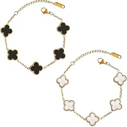salve Black & White Gold Clover Bracelet Stack Jewellery Set for Girls | Pack of 2 Bracelets for Women Stylish Accessories for Girls | Anti Tarnish Jewellery for Women Hand Stack-picture-0