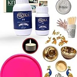 Resin Pooja Plate Kit – 8” Pink Round Mould + 300g Epoxy Resin + Golden Charms + Shadow Green & White Pearl Powder + Ganeshji Sticker + Tealight + Gold Foil – DIY Craft Kit-image-52